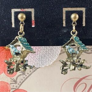 Vintage Birdhouse Dangle Earrings Gold Tone Cuckoo Clock Drop Earrings